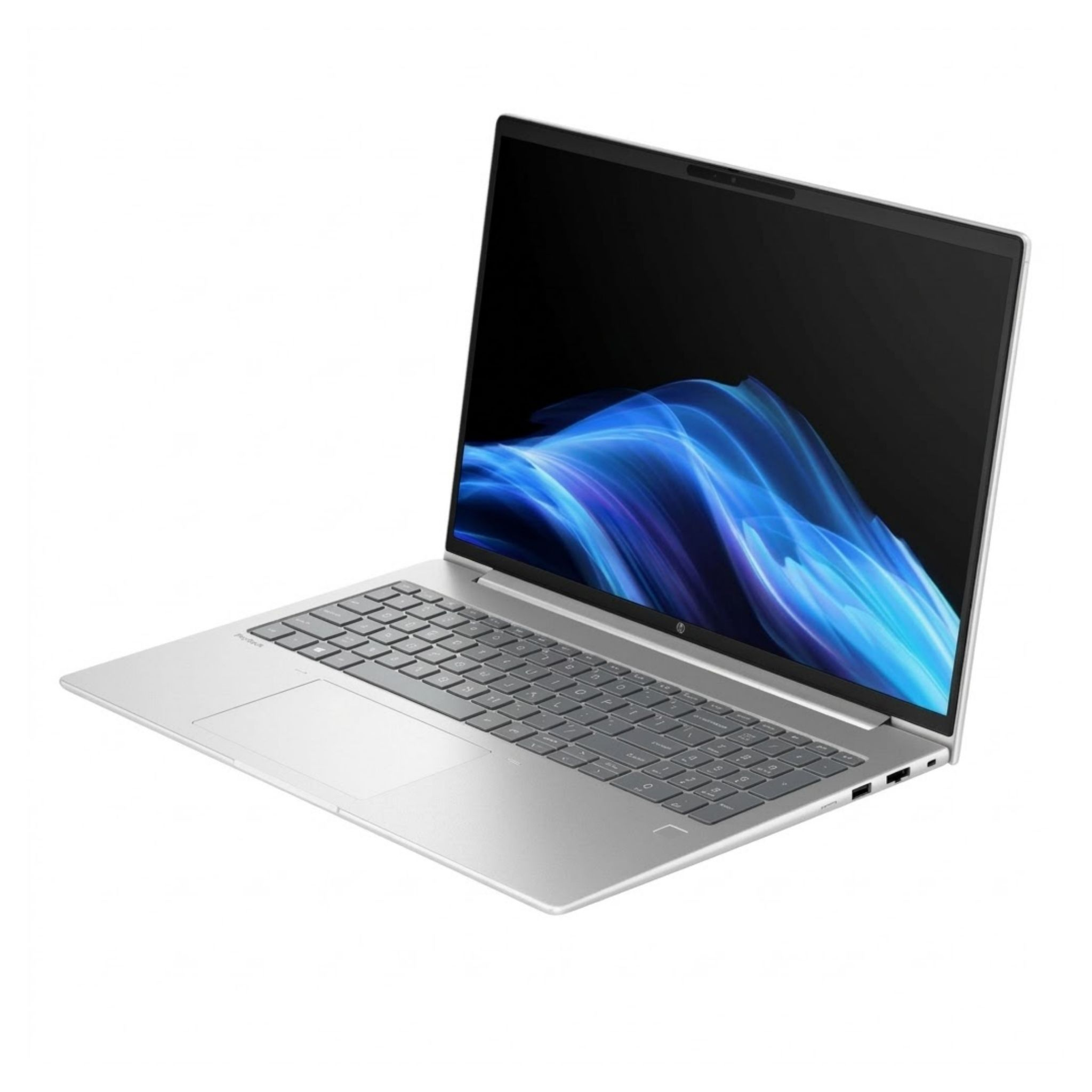 Mavi dalgalı duvar kağıdı ve arkadan aydınlatmalı klavyeye sahip gümüş laptop.