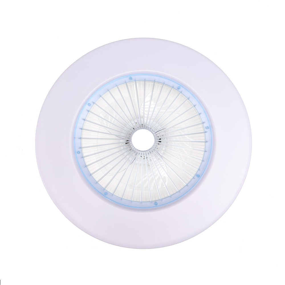 Luz de techo blanca con ventilador y anillo de luz azul.