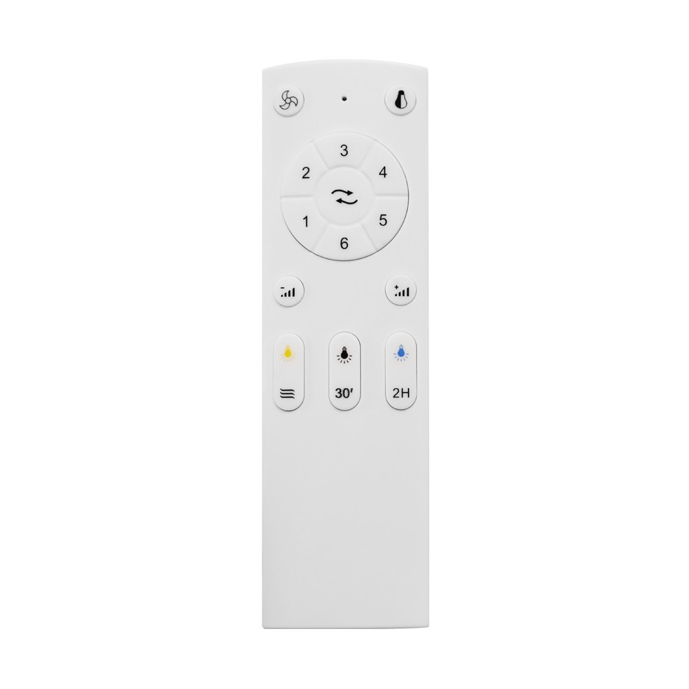 Mando a distancia blanco con botones de ventilador, luz y números.