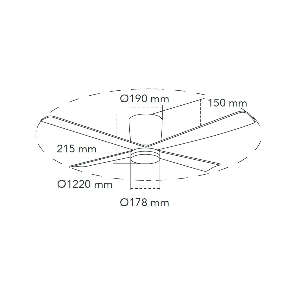 Dibujo técnico de un ventilador de techo con dimensiones.