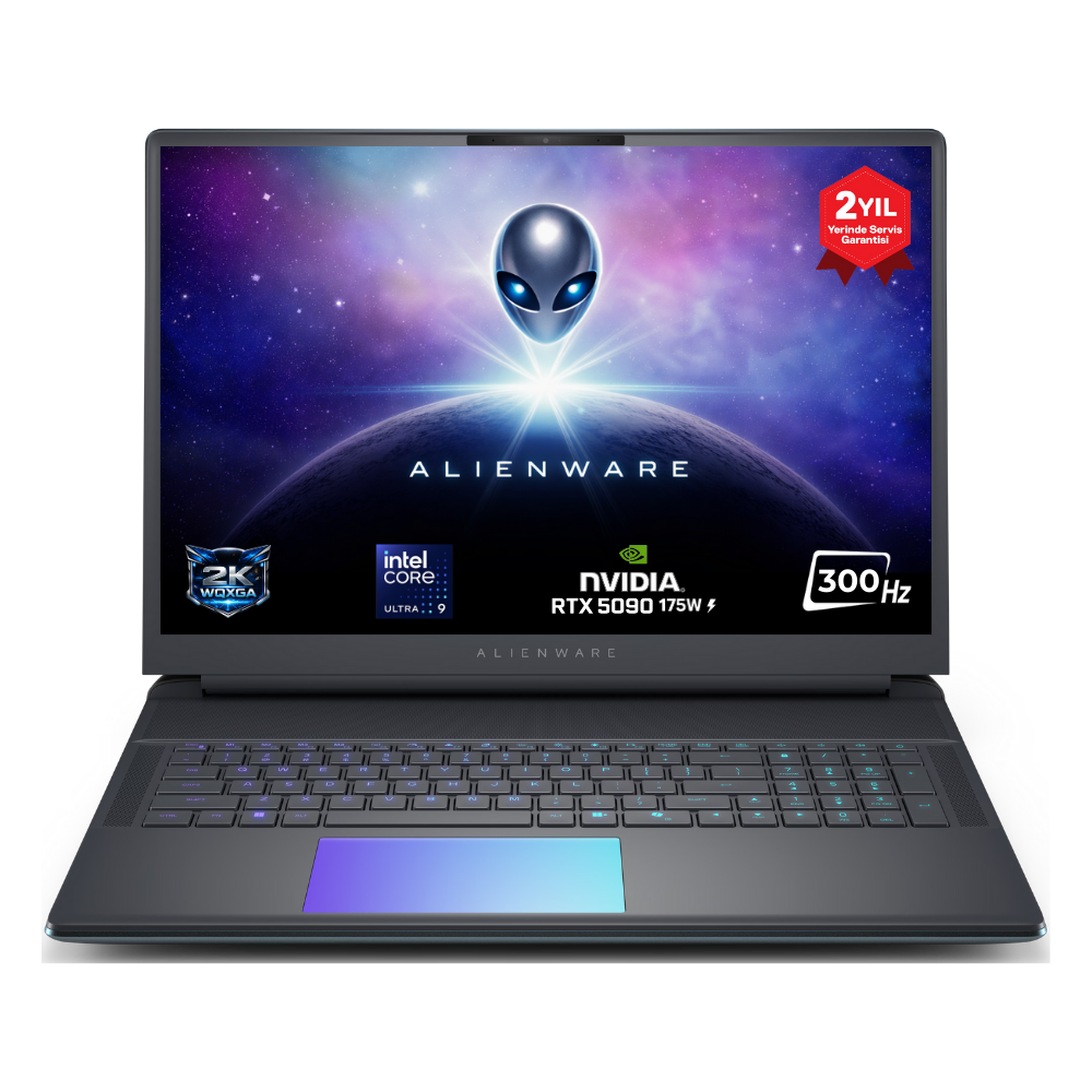 Alienware dizüstü bilgisayar, aydınlatmalı klavye ve uzay duvar kağıdı.