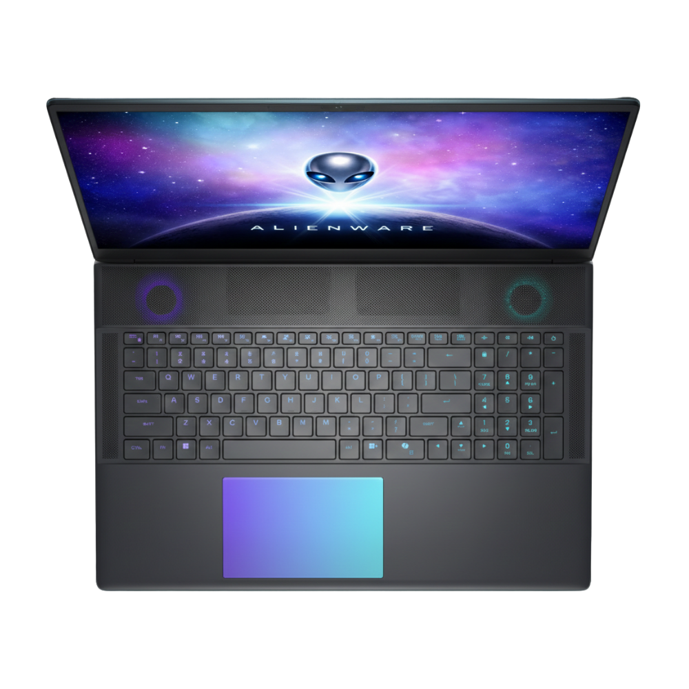 Aydınlatmalı klavye ve dokunmatik yüzeye sahip açık Alienware dizüstü bilgisayar.