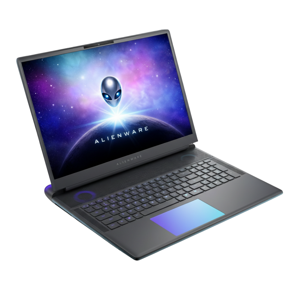 Alienware dizüstü bilgisayar, ekranda uzaylı logosu, aydınlatmalı klavye ve mavi vurgular.