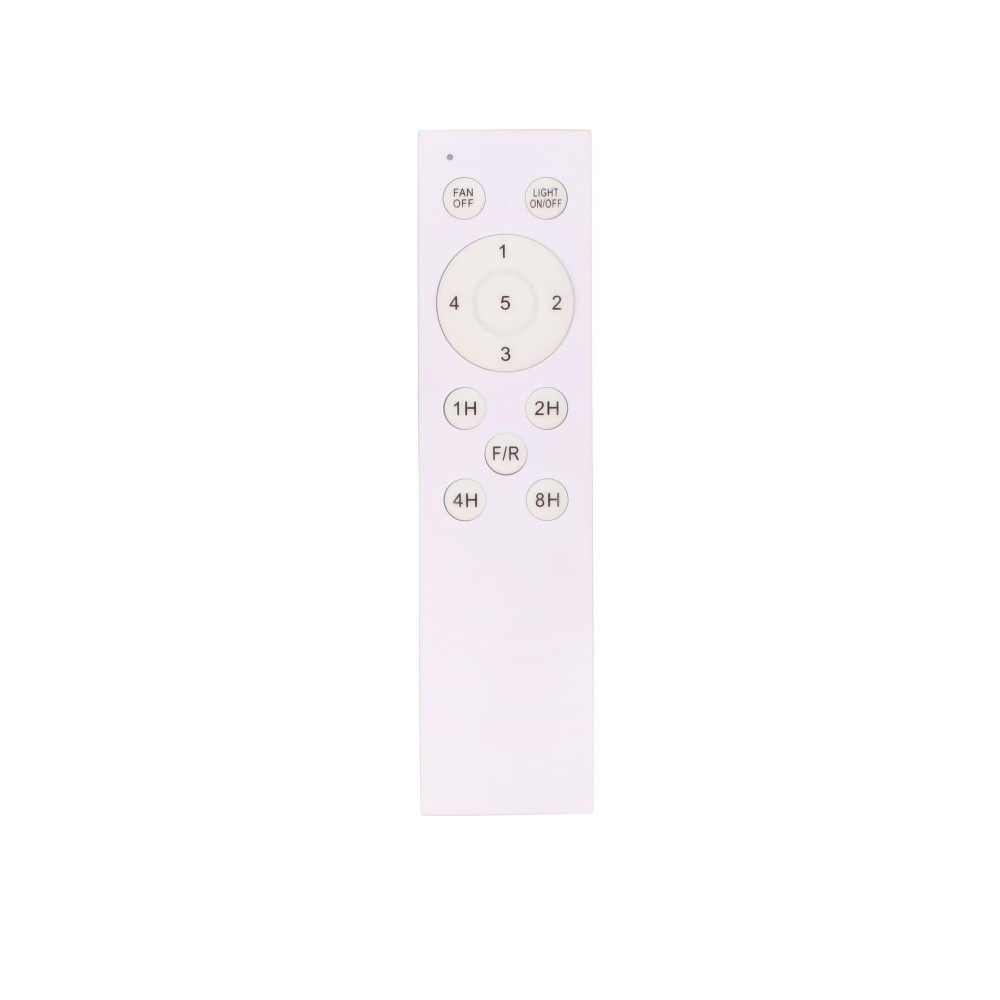 Mando a distancia blanco con controles de ventilador/luz y botones de temporizador.