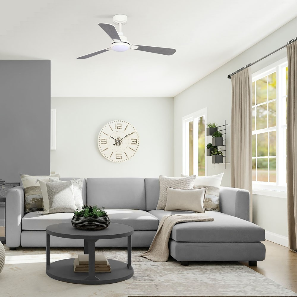 Una sala de estar con sofá gris, mesa de centro, ventilador de techo y reloj.