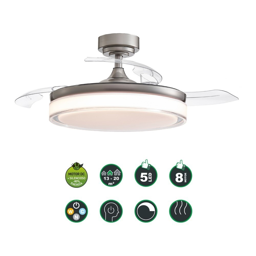 Un ventilador de techo moderno con luz LED integrada y aspas retráctiles.