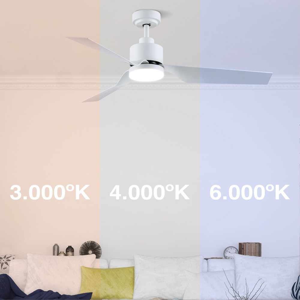 Ventilador de techo con luz en tres temperaturas de color: blanco cálido, neutro, frío.