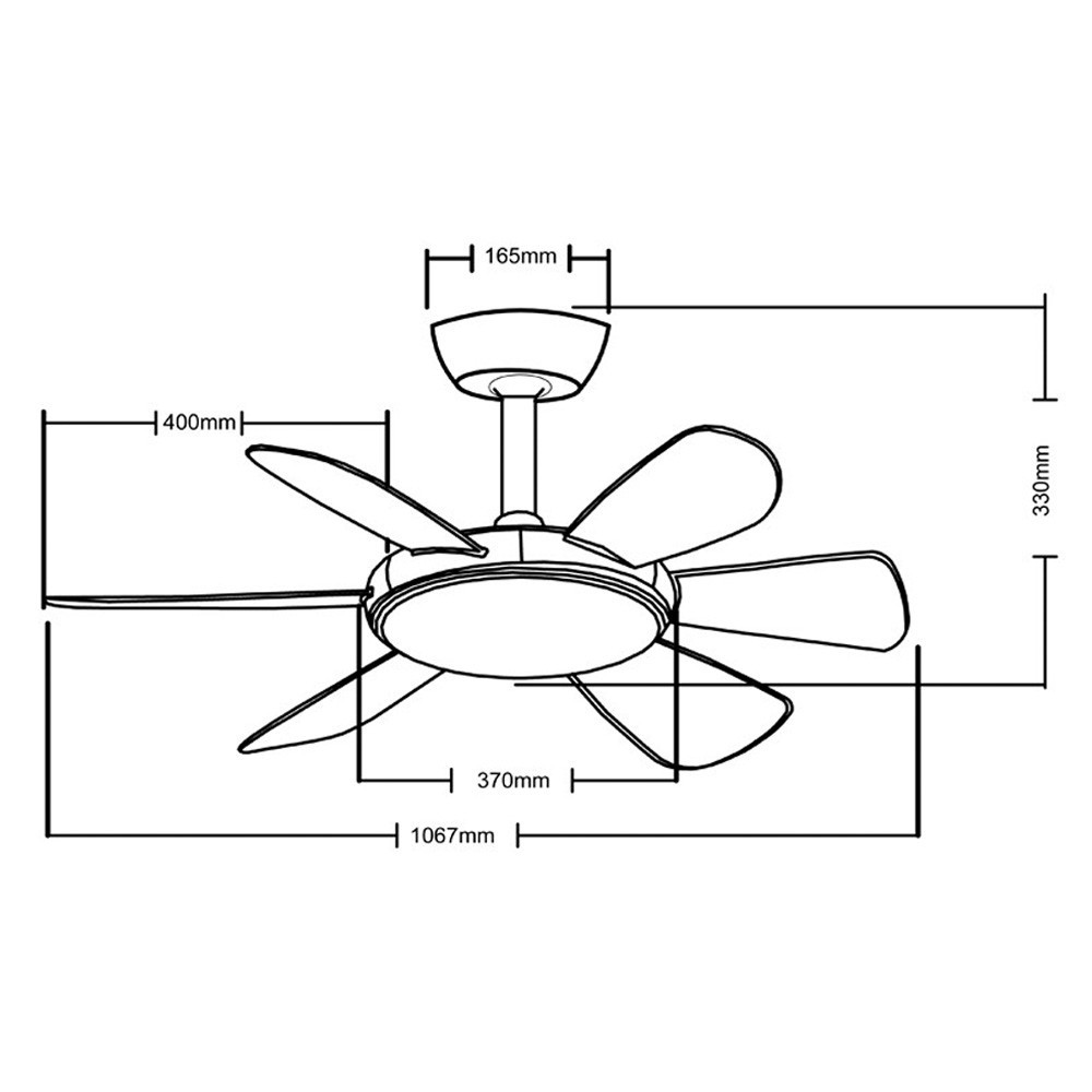 Ventilador de techo con 6 aspas, con líneas de dimensiones para altura y anchura.