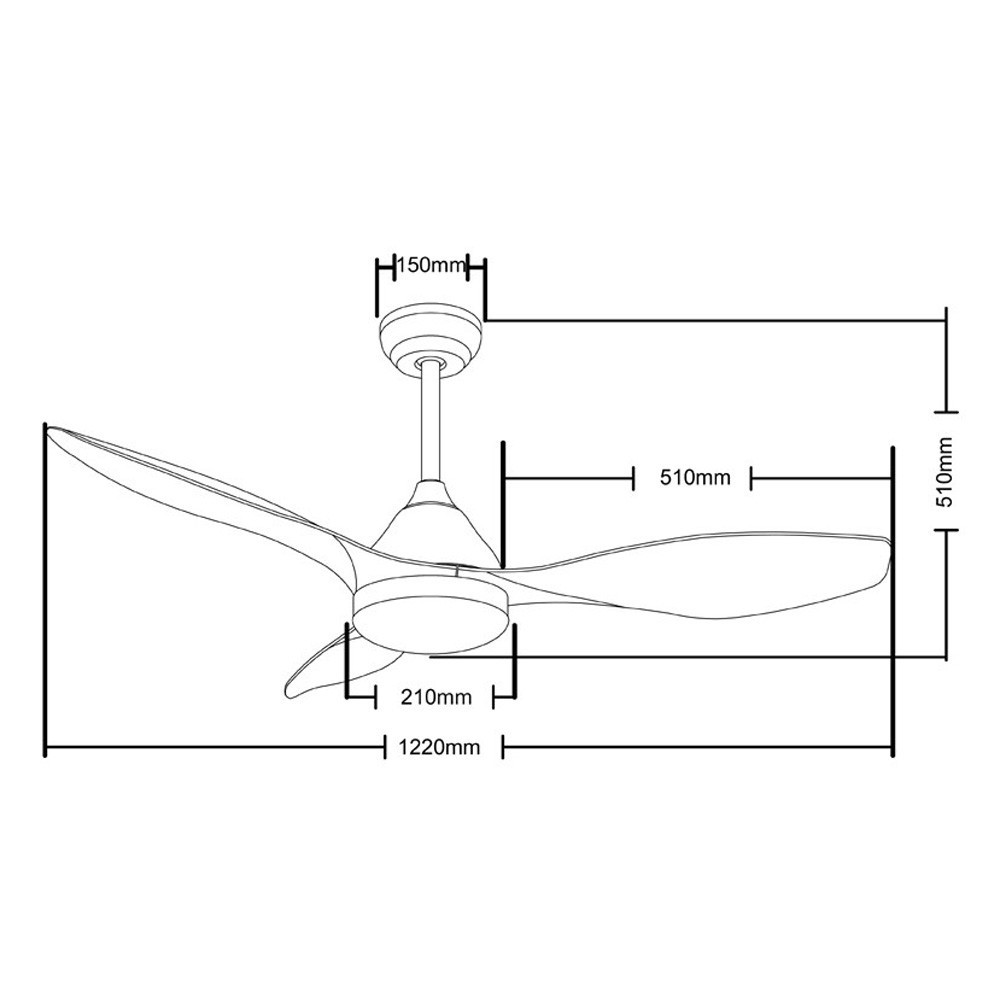 Ventilador de techo con 3 aspas, 1220mm de ancho, 510mm de alto.