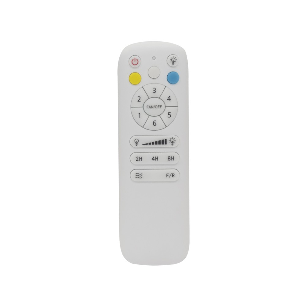 Un mando a distancia blanco con botones para funciones de luz y ventilador.