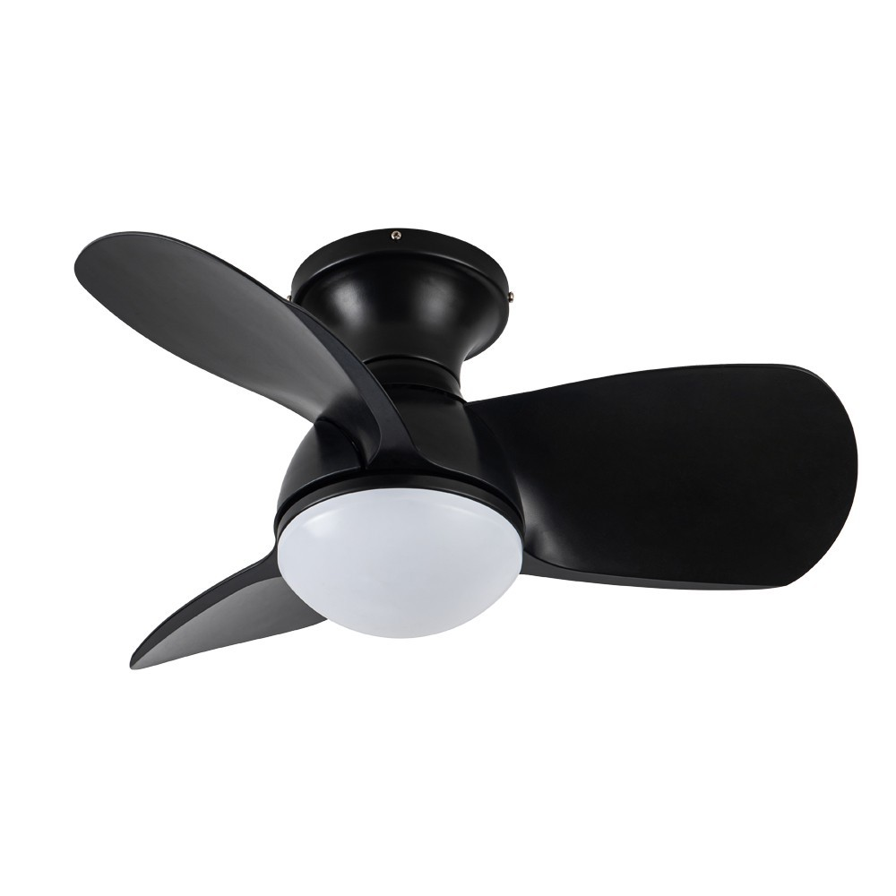 Ventilador de techo negro de tres aspas con luz redonda.