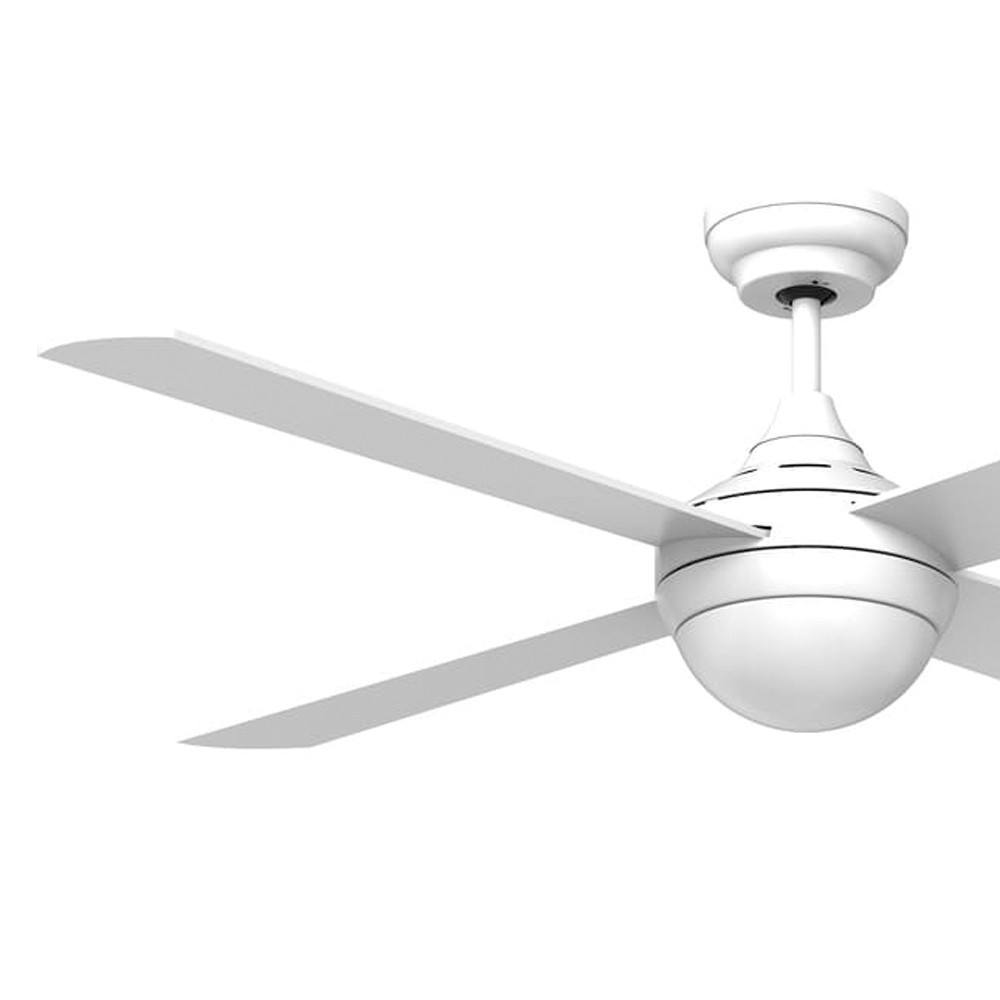 Ventilador de techo blanco con cuatro aspas y unidad central redonda.