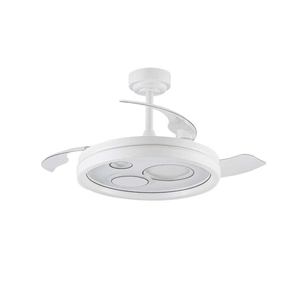 Un ventilador de techo blanco con aspas transparentes y tres luces.