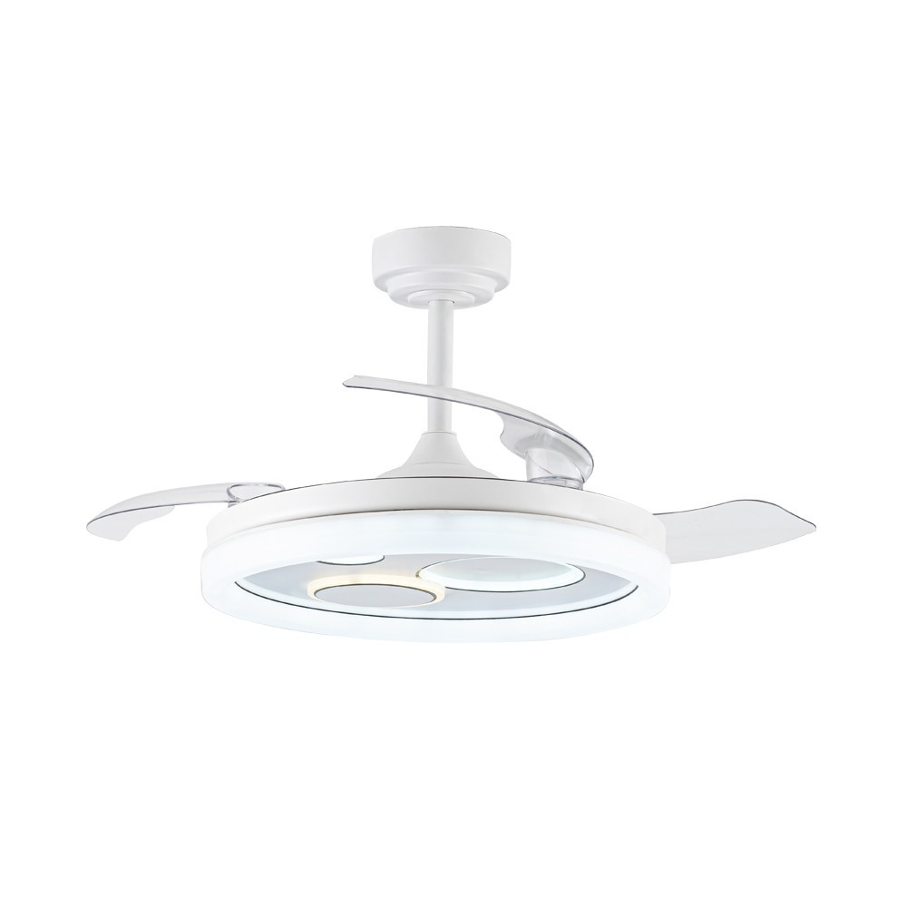 Una lámpara de ventilador de techo blanca con aspas retráctiles y luz LED integrada.