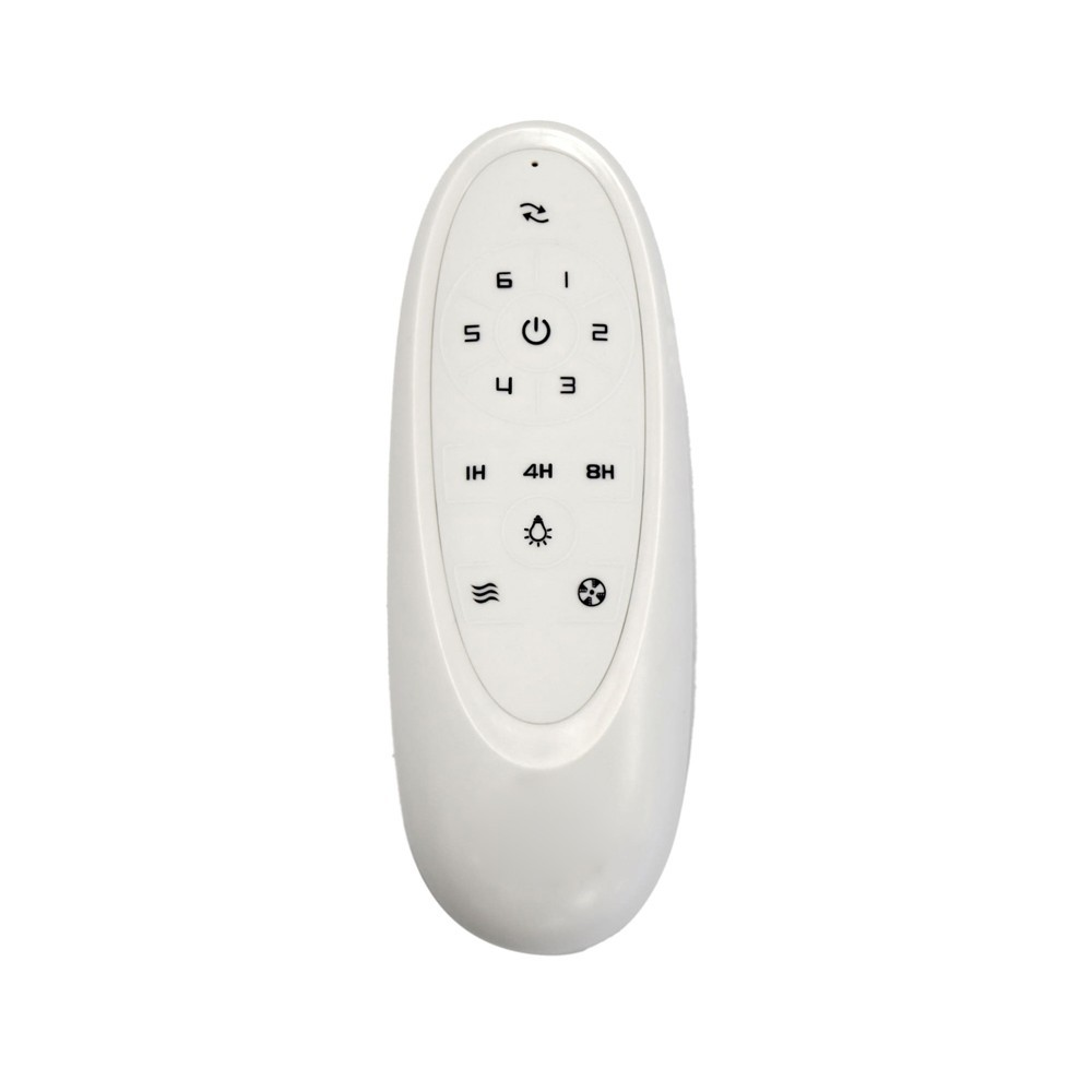 Un control remoto blanco con botones numerados y símbolos.