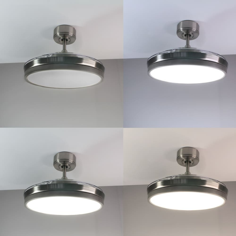 Luz de techo con ventilador mostrada en cuatro modos de iluminación.