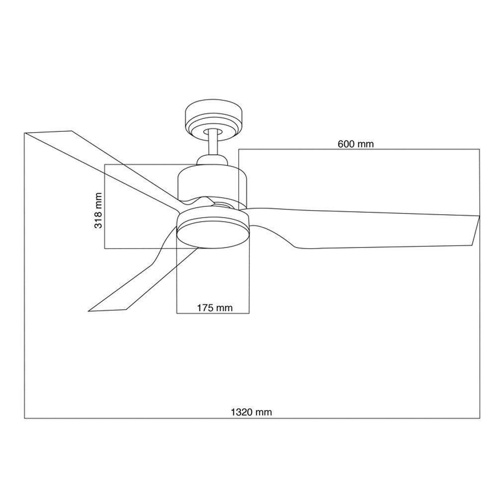 Dibujo técnico de un ventilador de techo con dimensiones.