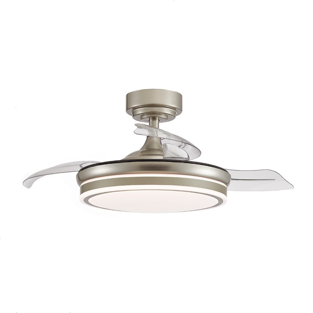 Ventilador de techo moderno con aspas transparentes retráctiles y luz LED.