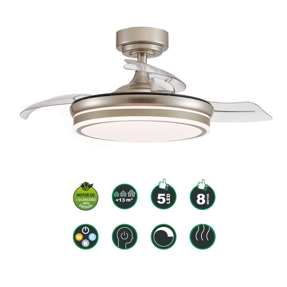 Ventilador de techo con luz LED y múltiples ajustes de velocidad.