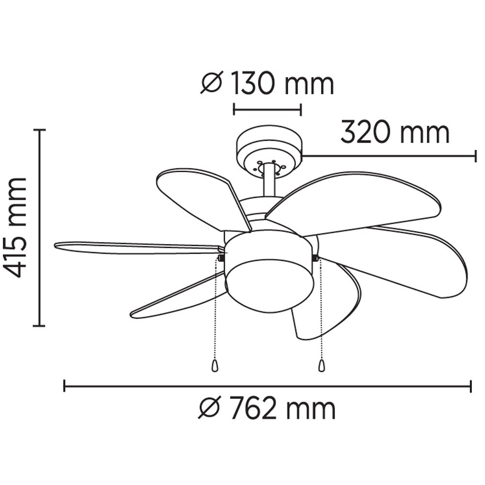 Diagrama de ventilador de techo con dimensiones: 762mm diámetro, 415mm altura.