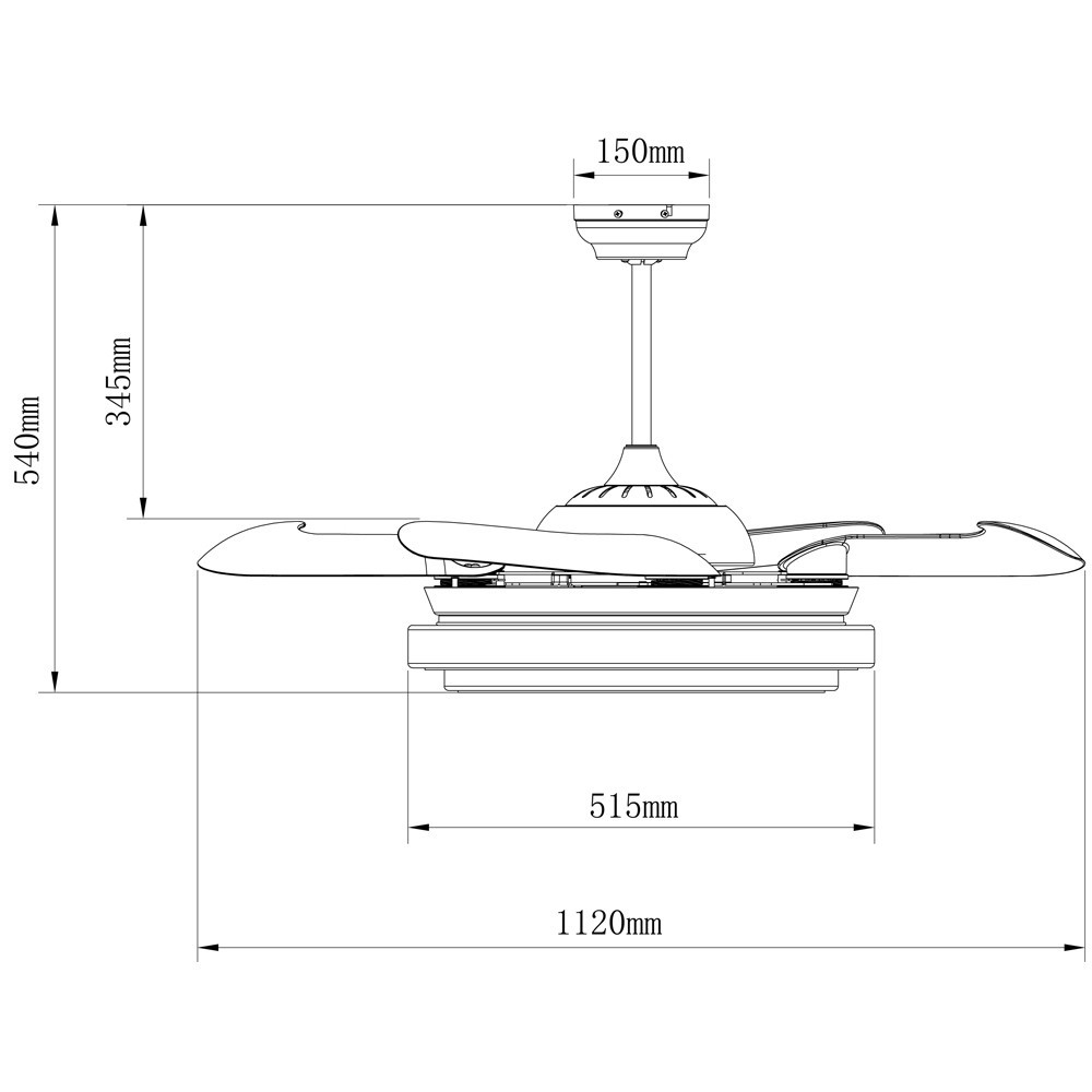 Dibujo técnico de un ventilador de techo con dimensiones.