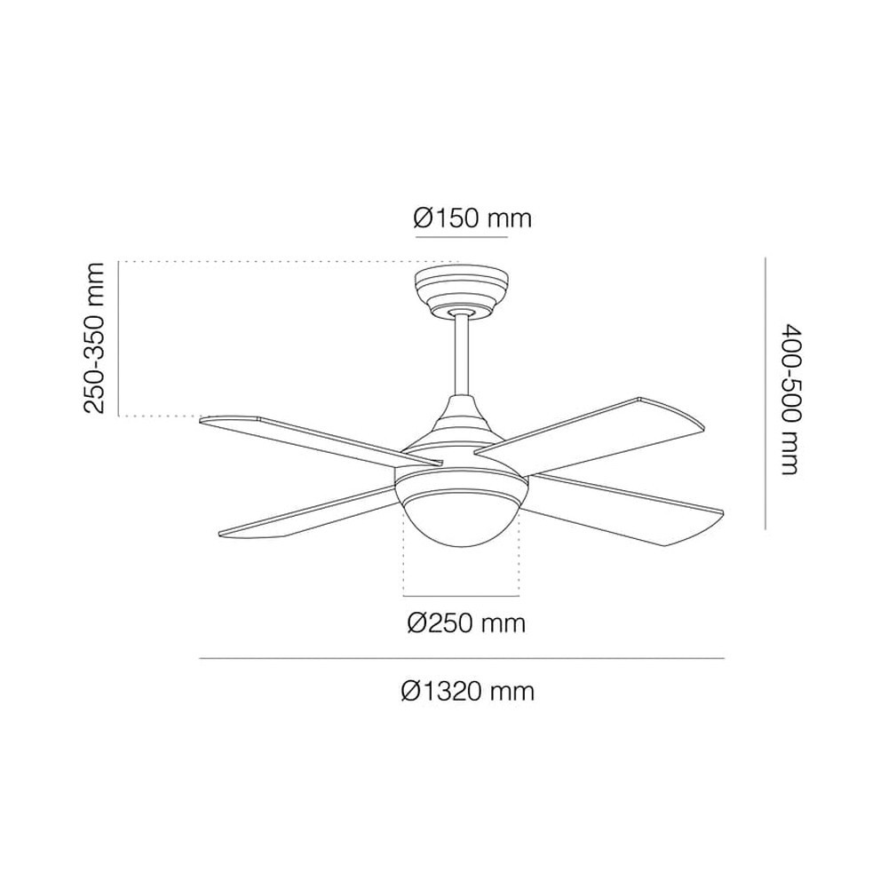 Ventilador de techo con dimensiones: Ø150mm, 250-350mm, 400-500mm, Ø250mm, Ø1320mm.