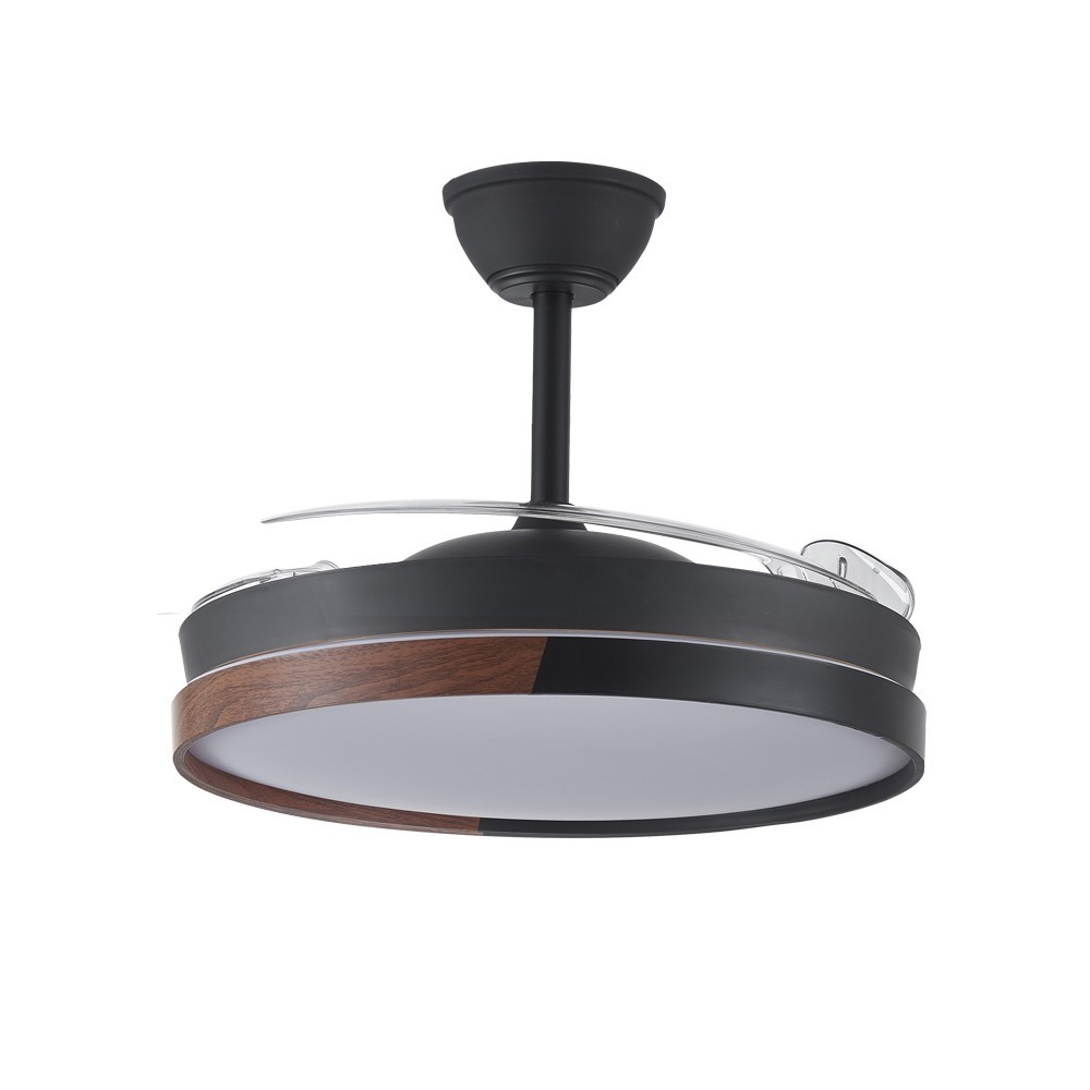Ventilador de techo negro con aspas retráctiles y detalles de madera.