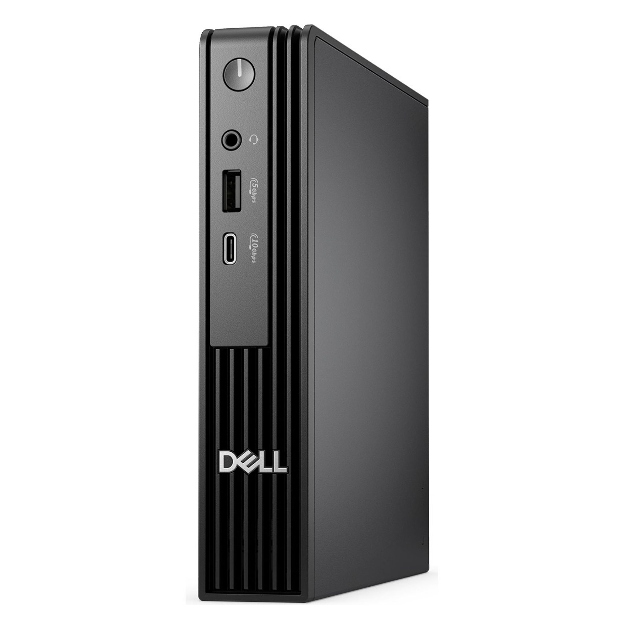 Ön portlu siyah Dell mini PC.