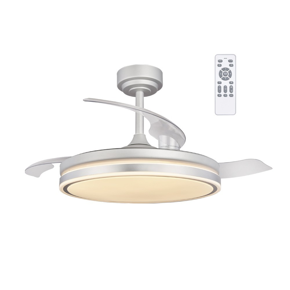 Un ventilador de techo moderno con iluminación LED integrada y control remoto.