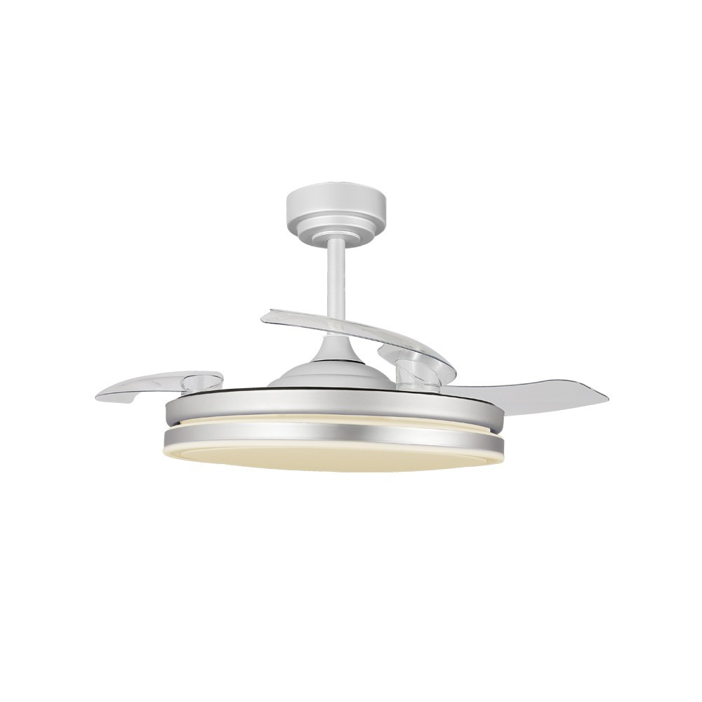 Un ventilador de techo blanco moderno con aspas retráctiles y luz integrada.
