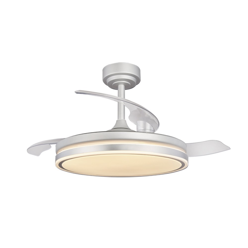 Un ventilador de techo plateado moderno con luces y aspas retráctiles.