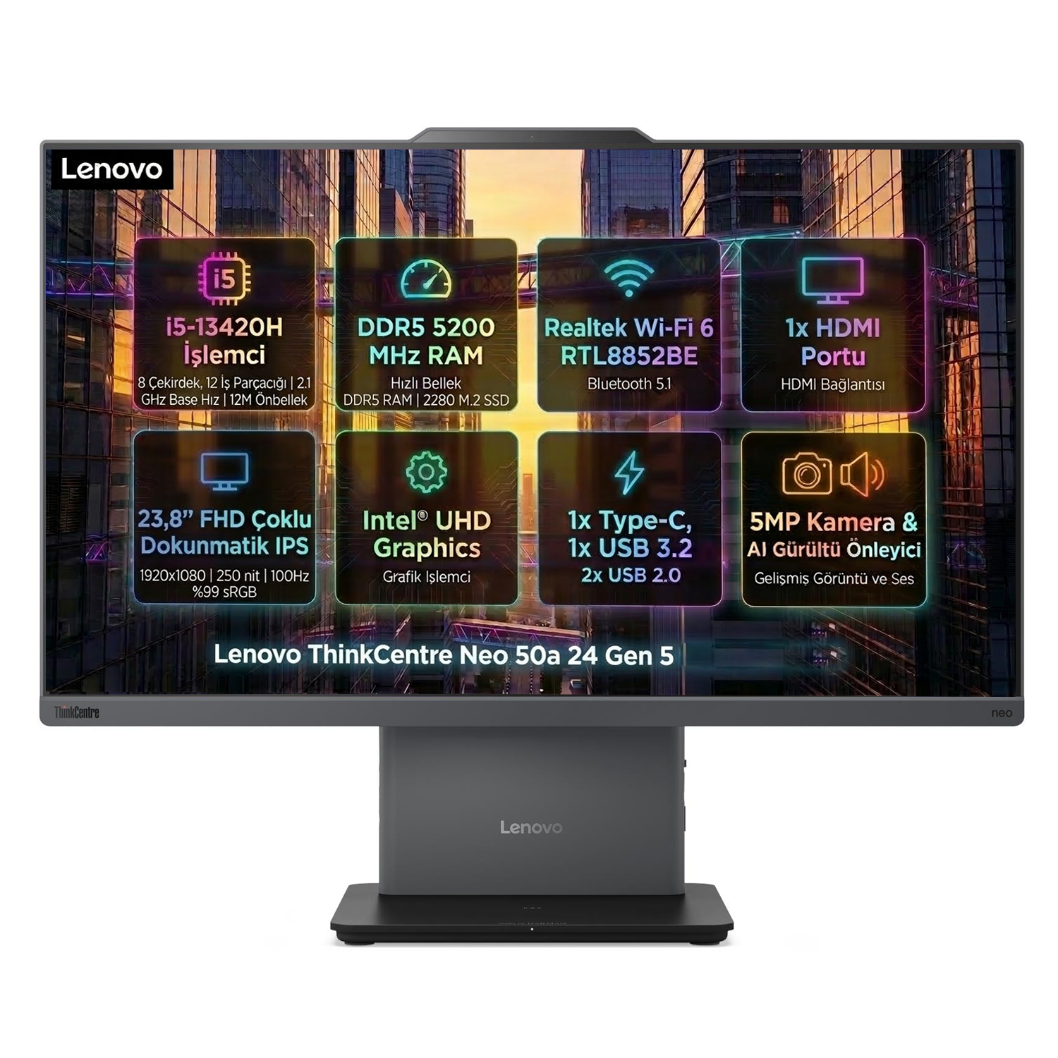 Lenovo ThinkCentre Neo 50a Hepsi Bir Arada PC: i5, DDR5 RAM, Wi-Fi 6, 23,8" FHD Dokunmatik Ekran.