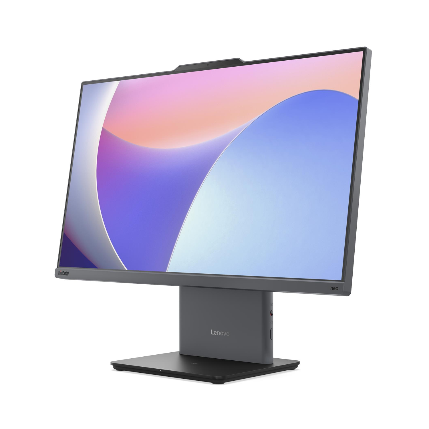 Soyut, renkli duvar kağıdı gösteren gri Lenovo ThinkCentre Neo monitör.