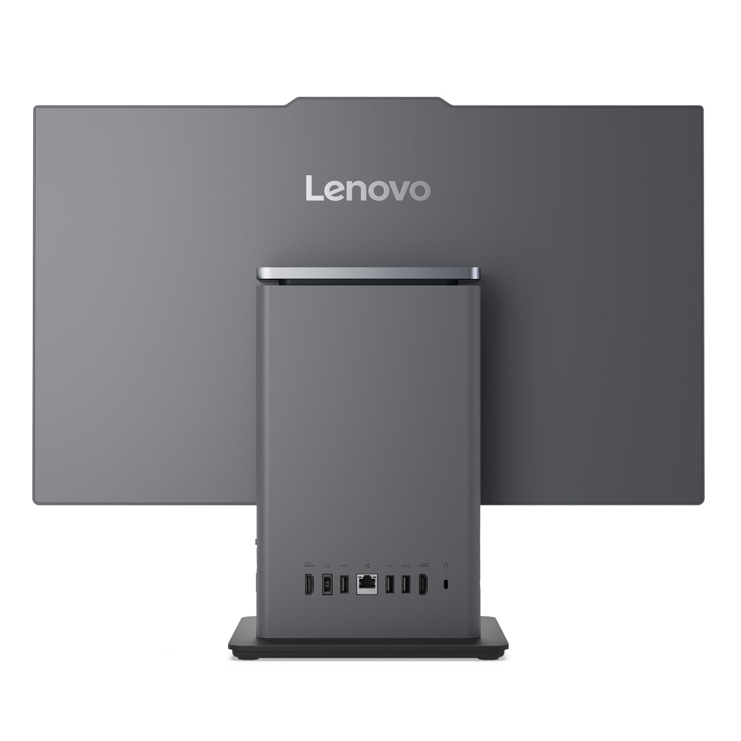 Bağlantı noktalarını gösteren gri Lenovo hepsi bir arada bilgisayarın arka görünümü.