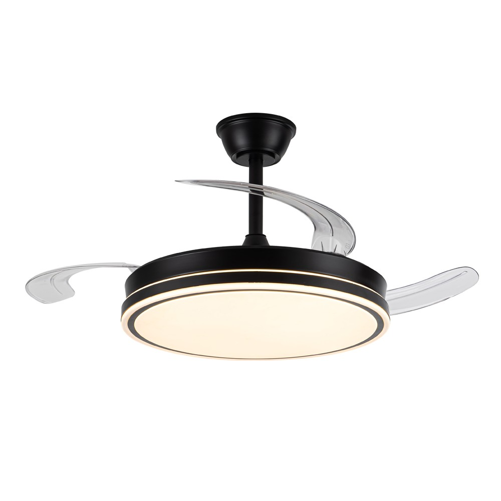Un ventilador de techo negro con aspas retráctiles y luz LED.
