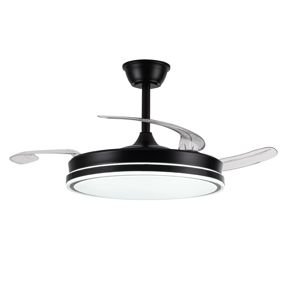 Ventilador de techo negro con aspas transparentes y luz LED.