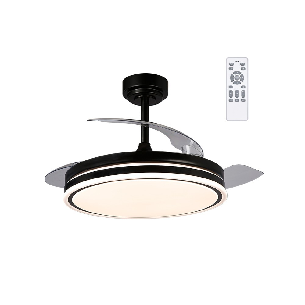 Ventilador de techo negro con luz LED y control remoto, sobre fondo blanco.