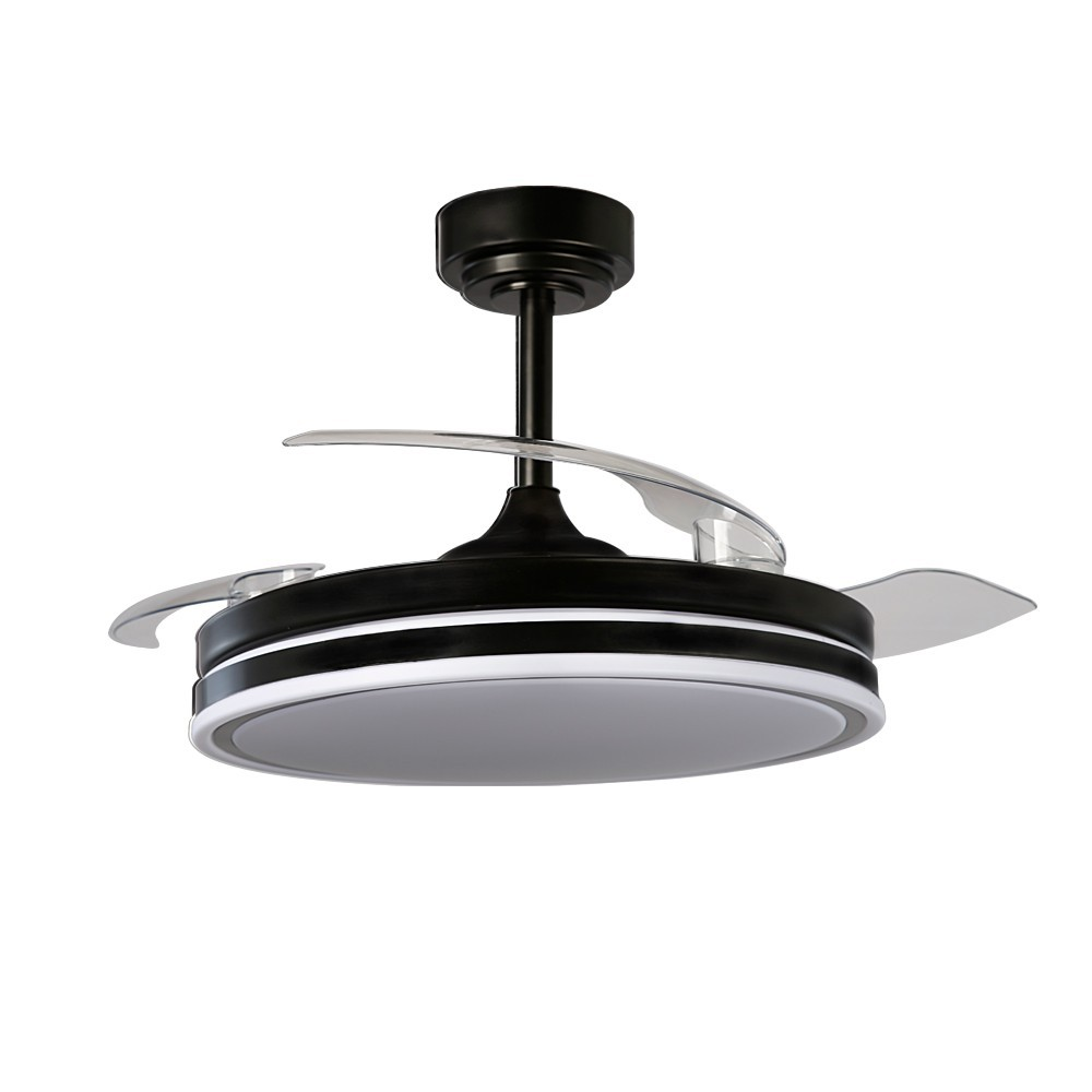 Ventilador de techo negro con aspas retráctiles y anillo de luz LED integrado.