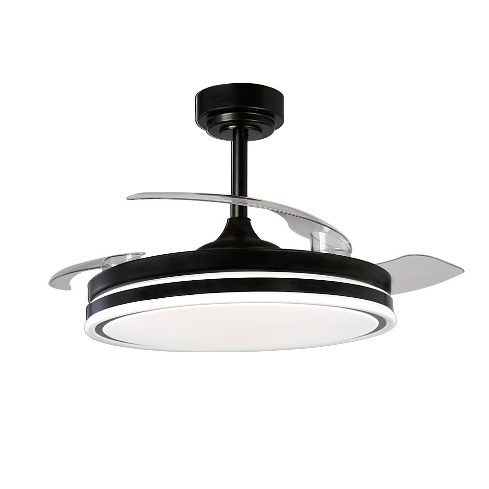 Ventilador de techo negro con aspas retráctiles y luz LED.