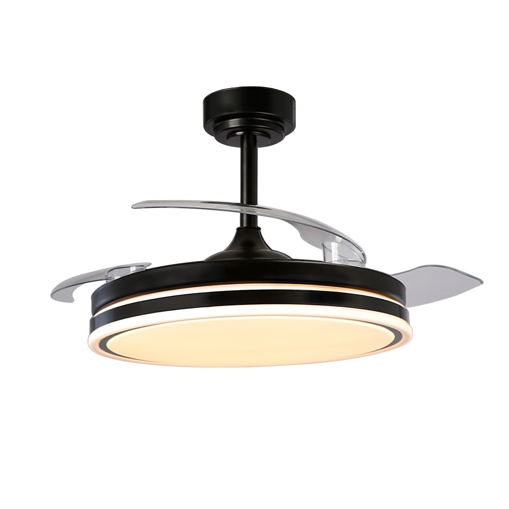 Ventilador de techo negro con aspas retráctiles y pantalla iluminada.