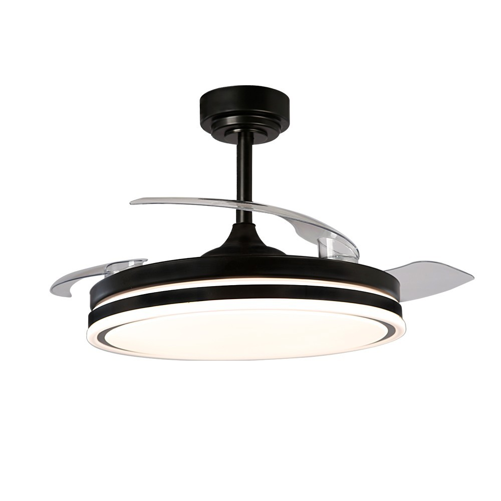 Un ventilador de techo moderno negro con aspas retráctiles y luz LED.