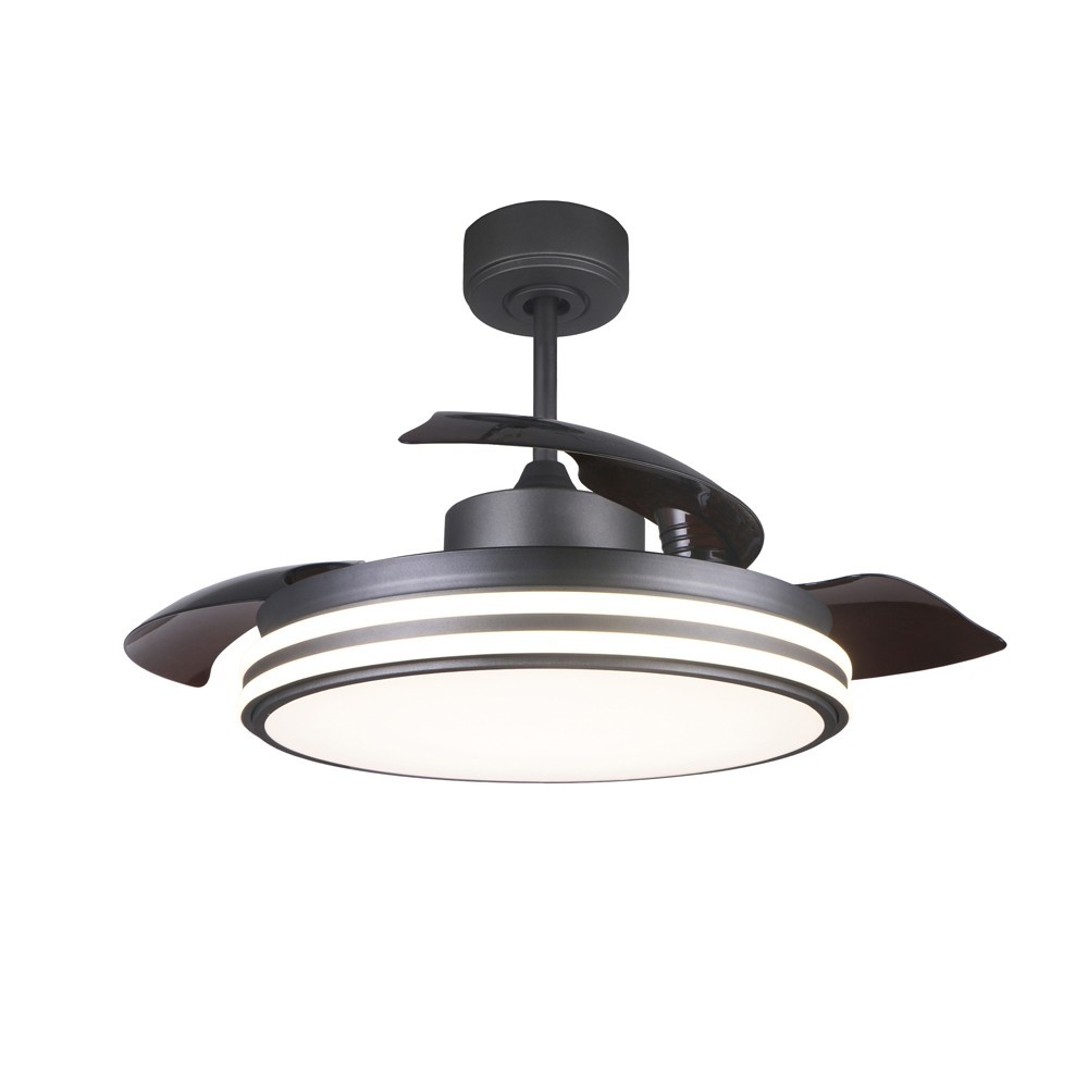 Ventilador de techo gris oscuro con aspas retráctiles y luz LED.