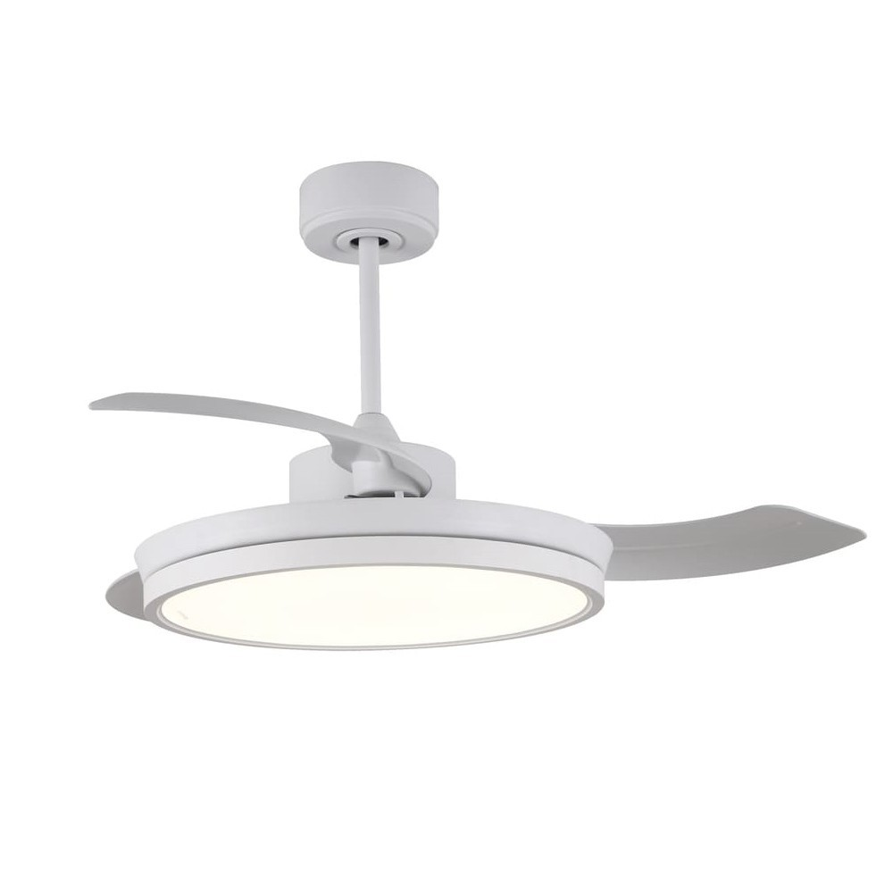 Un ventilador de techo blanco con iluminación integrada y dos aspas.