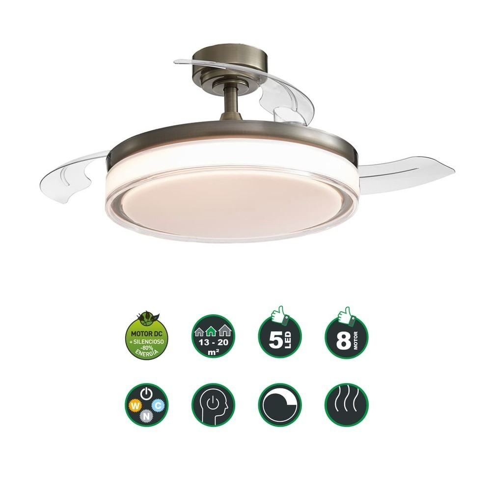 Ventilador de techo moderno con luz LED y aspas retráctiles.