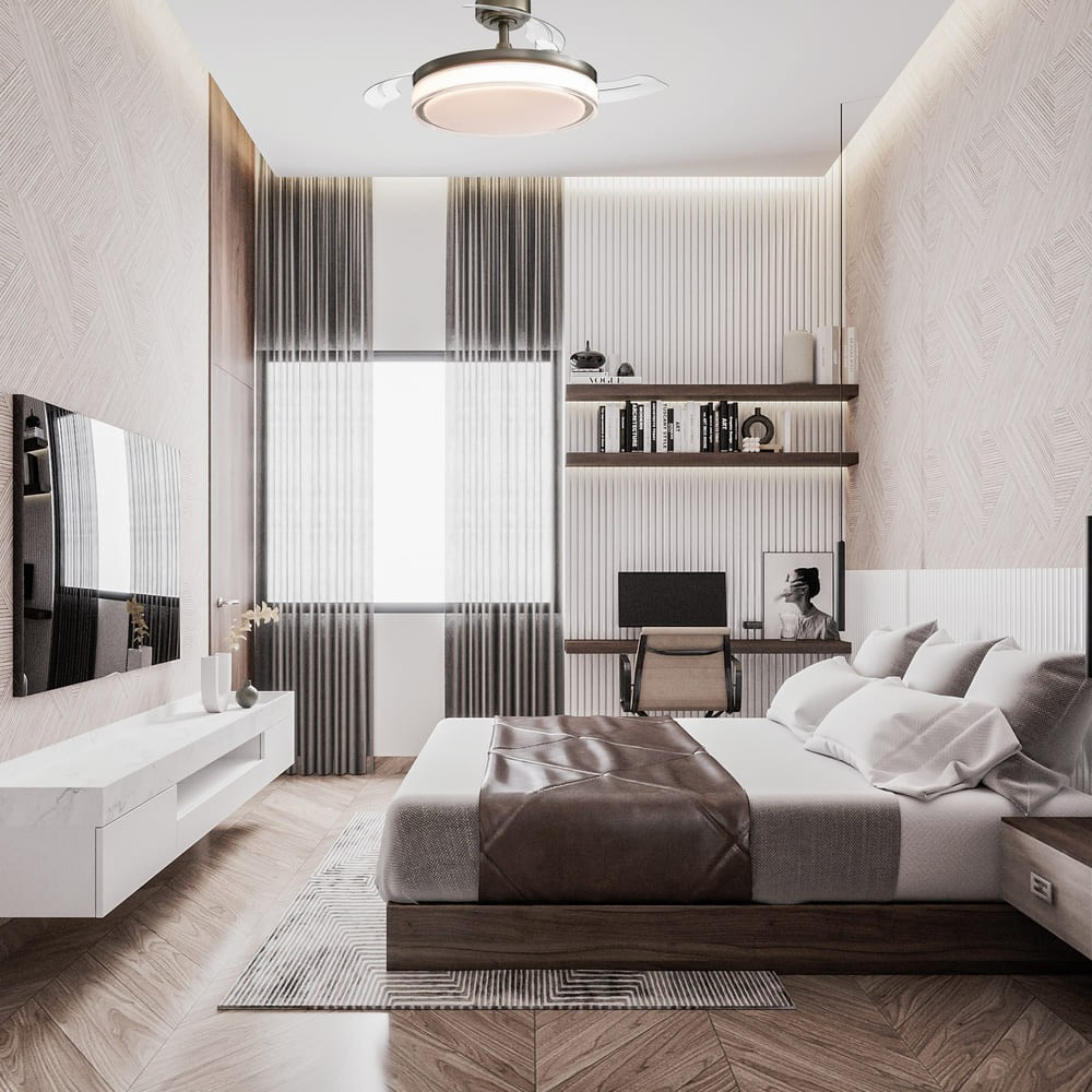 Dormitorio moderno con cama, escritorio, TV y estantería.