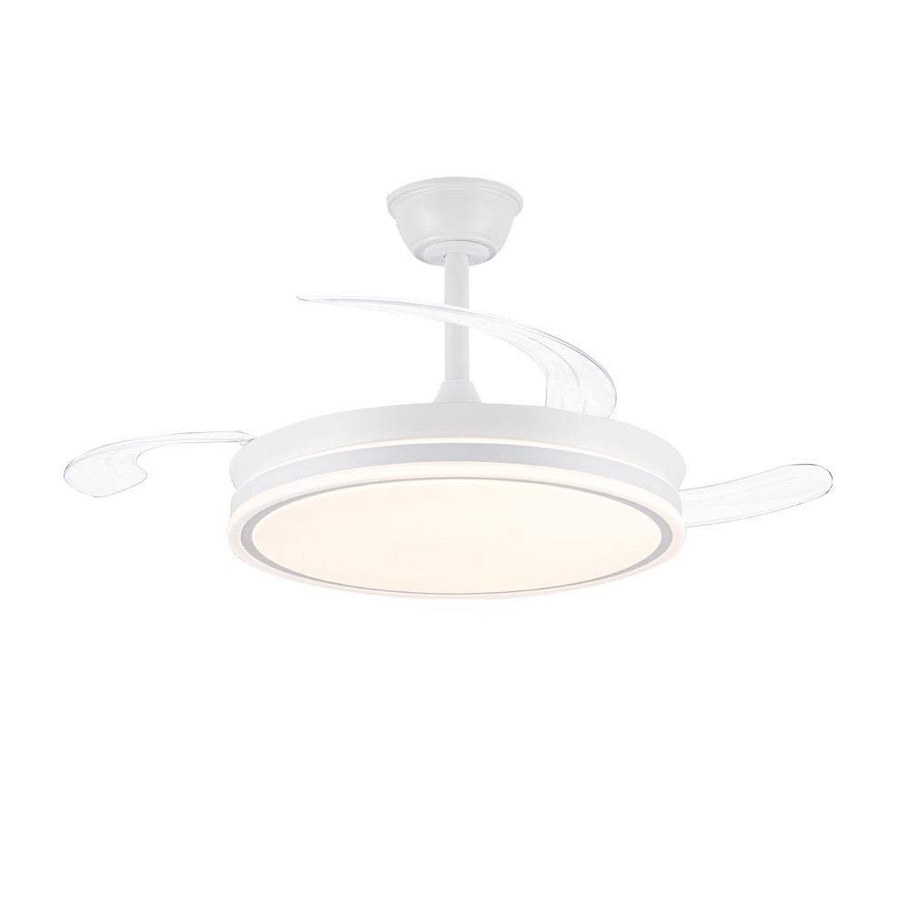 Un moderno ventilador de techo blanco con luz LED integrada y aspas transparentes.