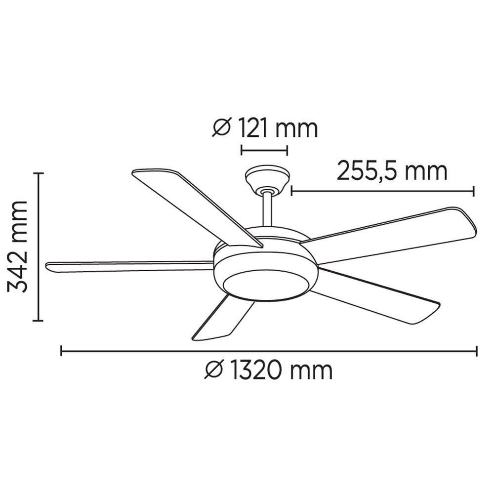 Ventilador de techo con dimensiones: 121mm Ø, 255,5mm, 342mm, 1320mm Ø.