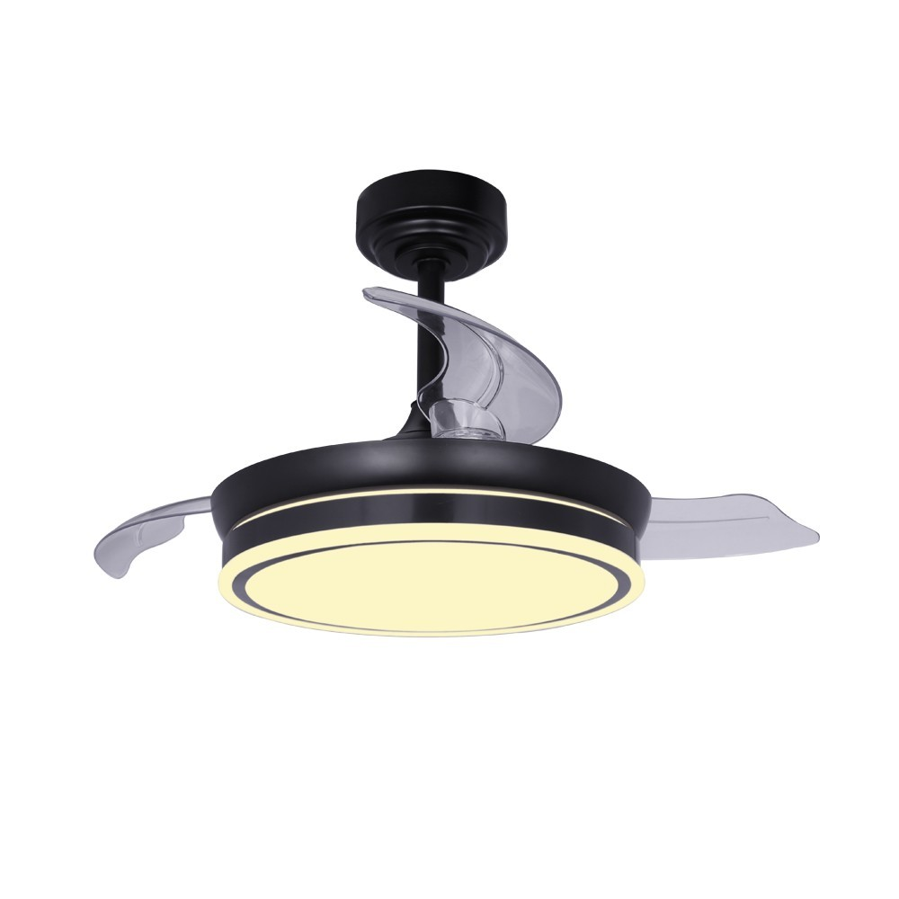 Ventilador de techo negro con aspas transparentes y anillo iluminado.