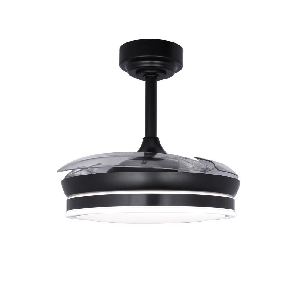 Ventilador de techo negro con aspas transparentes retráctiles y luz LED.