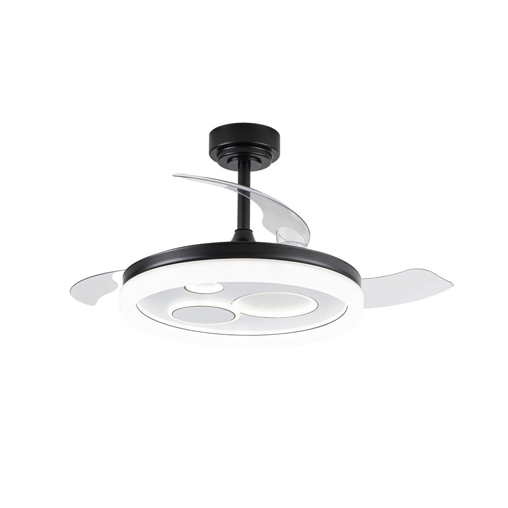 Ventilador de techo negro con luz LED integrada y aspas transparentes.